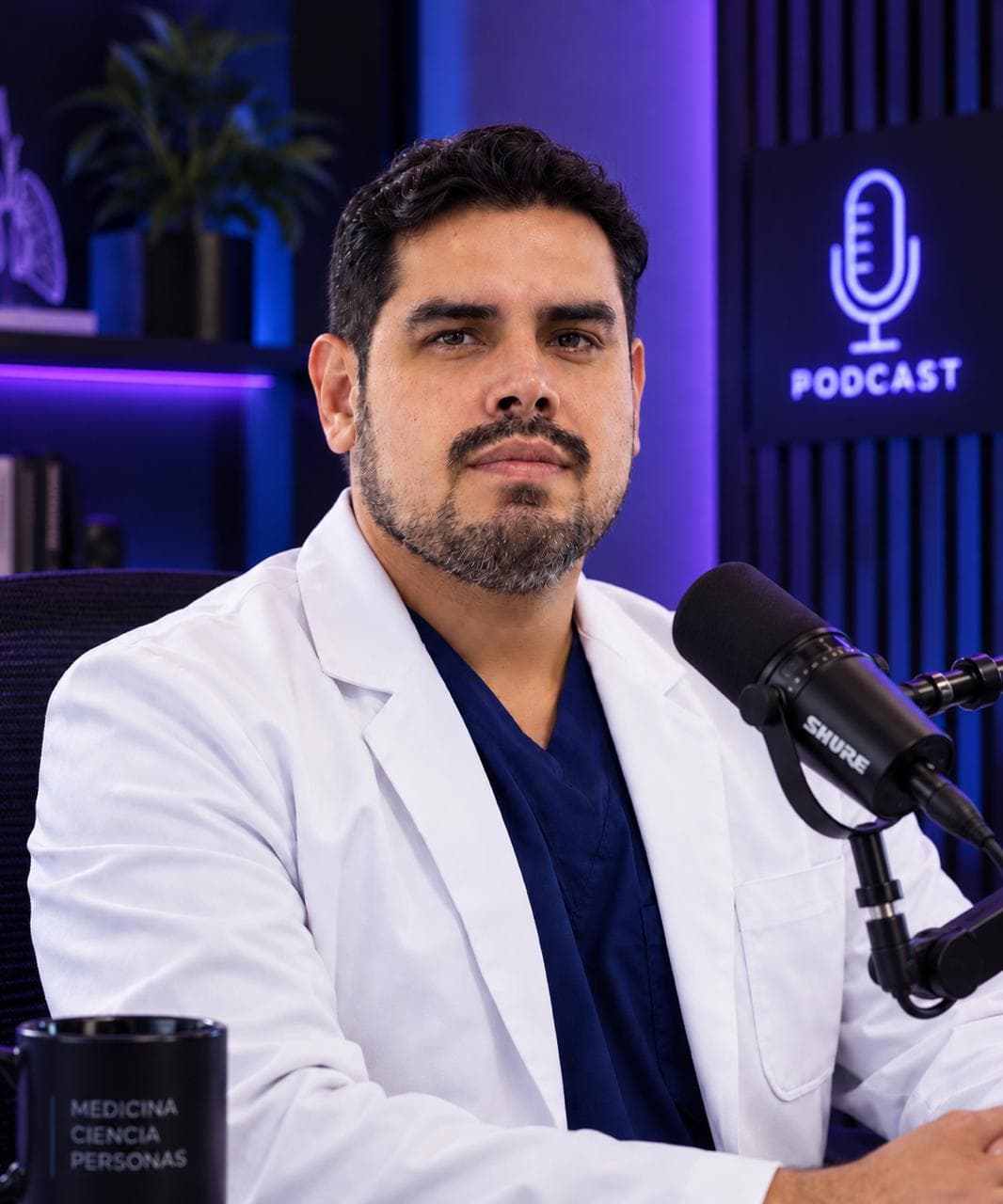 Dr. Mardonio Euscátigue con bata blanca; al fondo, una ilustración de los pulmones