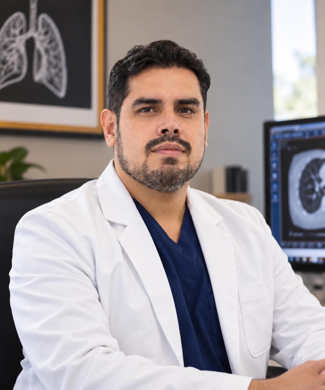 Dr. Mardonio Euscátigue con bata blanca, sentado frente a una imagen de tórax