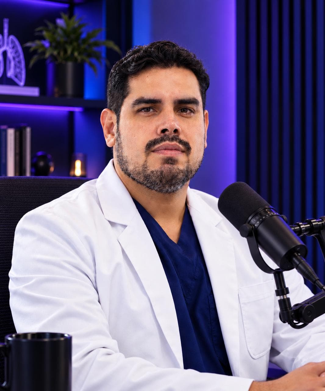 Dr. Mardonio Euscátigue con bata blanca frente a un micrófono