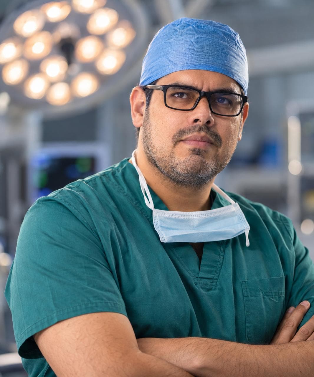 Dr. Mardonio Euscátigue con uniforme verde y gafas en quirófano